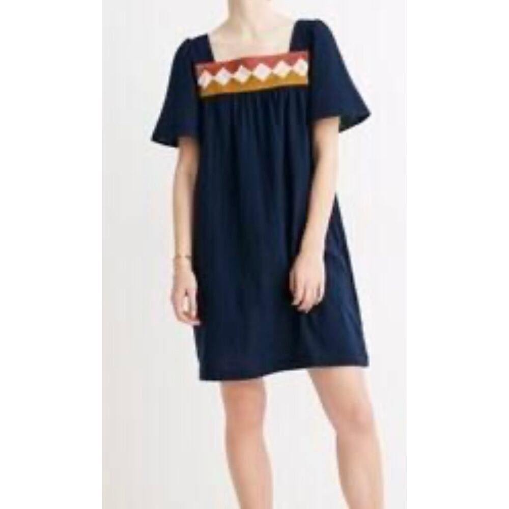 Madewell Patchwork Shift Mini Dress Blue Cotton Short Sleeve Boho size S